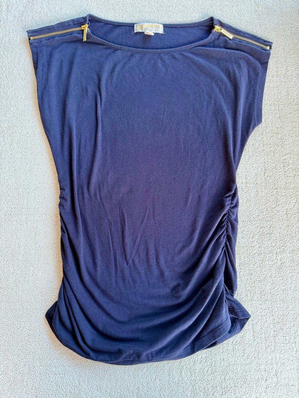 Michael Kors Navy Short-Sleeve Zip-Shoulder Ruched Top